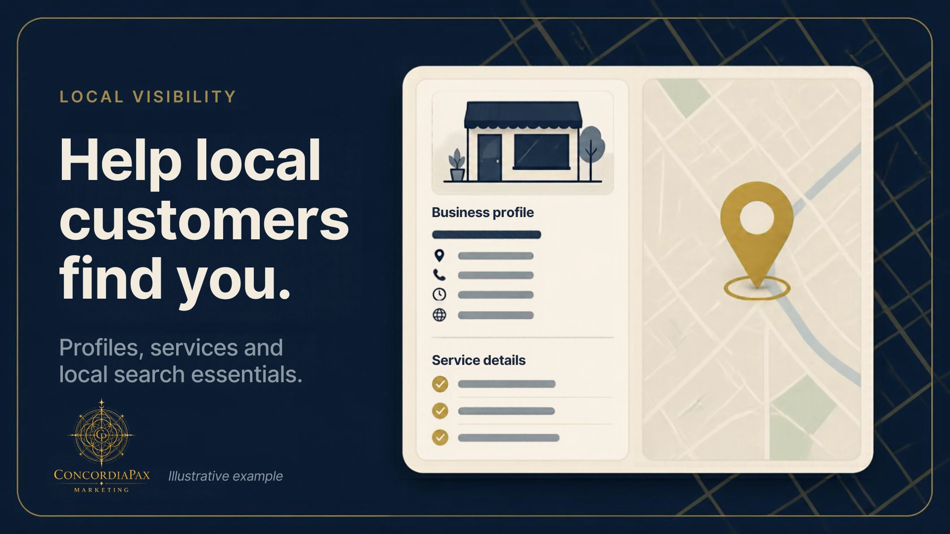 Local Visibility card: Help local customers find you, beside an illustrated business profile and map.