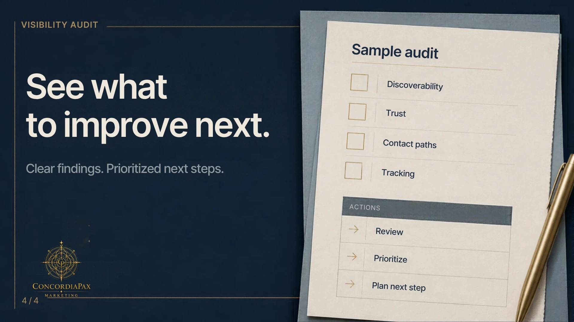 Visibility Audit card: See what to improve next, beside a sample audit checklist.